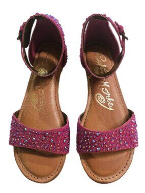 NAUGHTY MONKEY Pink Leather Rhinestone Embellished Ankle Strap Sandals Size 9.5